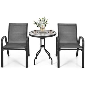 GIANTEX Set di 2 Sedie da Giardino con Tavolo in Vetro, Schienale Alto e Seduta Larga, Telaio in Acciaio Verniciato a Polvere, Tessuto Textilene Traspirante, per Balcone e Esterno (Nero)