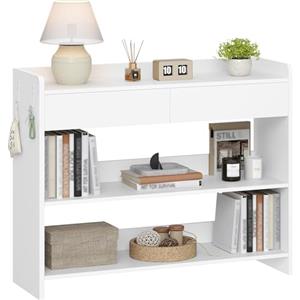 Hzuaneri Tavolo da Console con Ripiani e Cassetti, Mobile Ausiliario in Legno, Due ganci su ogni lato, per Soggiorno, Ingresso, Corridoio, 100×30×80 cm, Bianco CT01603X