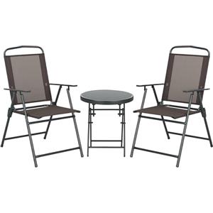 Outsunny Set da Giardino 3 Pezzi con 2 Sedie da Giardino e Tavolino Rotondo Pieghevoli, Set Tavolo e Sedie da Giardino in Metallo e Vetro, Set da Bistro per Patio, Cortile, Esterno, Marrone