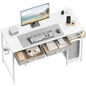 WOLTU Scrivania con 2 Cassetti, Ripiani, Scrivania Ufficio con Prese, Porta USB e Porta Type-C, Portabicchieri e Gancio, per Studio, Soggiorno, Camera da Letto, 120x51x75 cm, Bianco