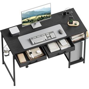 WOLTU Scrivania con 2 Cassetti, Ripiani, Scrivania Ufficio con Prese, Porta USB e Porta Type-C, Portabicchieri e Gancio, per Studio, Soggiorno, Camera da Letto, 120x51x75 cm, Nero