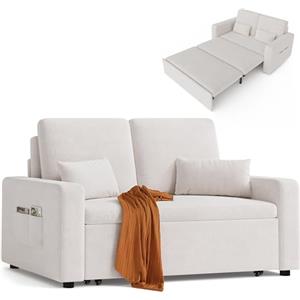Xbro Divano Letto 2 Posti Convertibile in Ciniglia, Struttura in Metallo, con Materasso Spesso, 2 Cuscini e Tasche Laterali, Divano Salvaspazio per Soggiorno, Camera e Ospiti, 147 × 196 × 87 cm, Beige