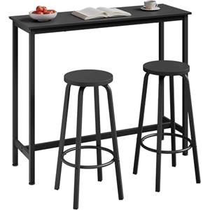 WOLTU Tavolo da Bar con 2 Sgabelli Alti Set, Bar Bancone per Cucina in Acciaio Legno, Tavolo Alto 120x40x100cm, Nero