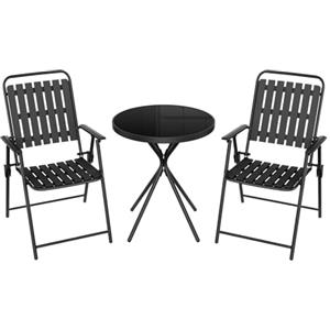 WOLTU Set di Mobili da Esterno 3 Pezzi, Tavolo con 2 Sedie Pieghevoli, Struttura in Metallo, Resistente alle Intemperie, per Giardino, Terrazza e Balcone, Nero