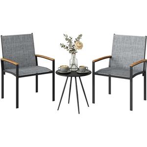 Outsunny Set da Bistrò da 3 Pezzi, Set da Giardino con 2 Sedie Texteline, Tavolo con Piano Metallo, Braccioli Decorativi, Set di Mobili da Giardino in Acciaio, per Patio Balcone Terrazzo, Grigio Misto