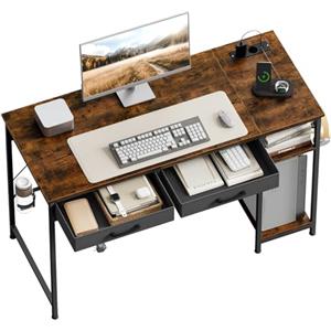 WOLTU Scrivania con 2 Cassetti, Ripiani, Scrivania Ufficio con Prese, Porta USB e Porta Type-C, Portabicchieri e Gancio, per Studio, Soggiorno, Camera da Letto, 120x51x75 cm, Marrone Rustico