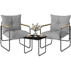 Outsunny Set da Bistrò da 3 Pezzi, Set da Giardino in Metallo con 2 Sedie Texteline, Tavolo in Vetro, Cuscini Spessi, Braccioli Decorativi, Set di Mobili da Giardino per Patio Balcone, Grigio Scuro