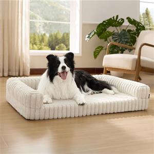 Bedsure Cuccia Ortopedica per Cani Grandi - 89x64x18cm Letto Ortopedico in Memory Foam con Bordi, Impermeabile, Base Antiscivolo e Fodera in Velluto a Coste Sfoderabile, Crema