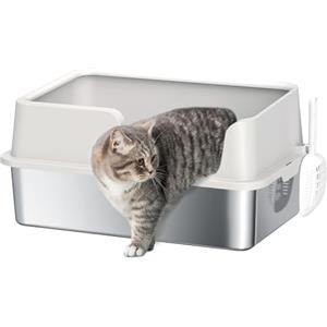 PawHut Lettiera per Gatti con Bordi Rialzati, Vassoio Antigoccia e Paletta, Cassetta per Gatti in Acciaio Inox e PP, 60x40x28 cm, Grigio Chiaro