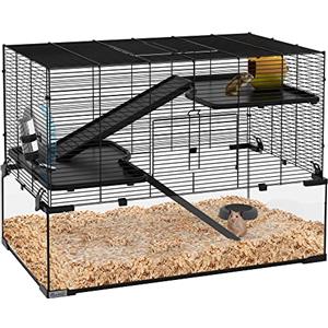 PawHut Gabbia per Criceti, Gabbietta per Criceti, Gerbilli e Piccoli Animali in Filo d'acciaio e Vetro con Ruota, Piattaforme, Rampe, Base Rimovibile, Beverino e Mangiatoia, 76.5x48.5x54.5 cm, Nero