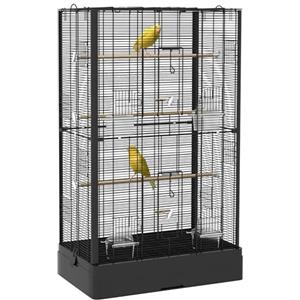 PawHut Gabbia per Canarini con Posatoi in Legno, Voliera per Uccelli in Acciaio con 2 Maniglie, Vassoio Rimovibile e Ciotole per Cibo, 61x36.5x98 cm, Nero