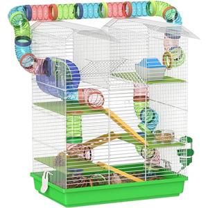 PawHut Gabbia per Criceti e Roditori a 5 Piani, Gabbietta per Criceti con Tubi Colorati, Ruota, Casetta e Accessori Inclusi, 47x30x59 cm, Verde