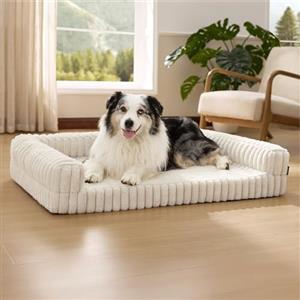 Bedsure Cuccia Ortopedica per Cani Grandi - 106x76x18cm Letto Ortopedico in Memory Foam con Bordi, Impermeabile, Base Antiscivolo e Fodera in Velluto a Coste Sfoderabile, Crema