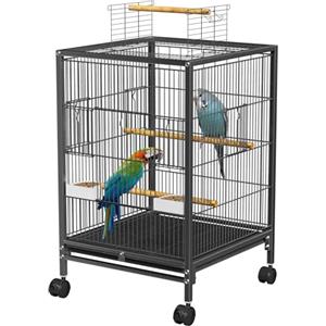 UISEBRT Gabbia per uccelli con ruote, aste in legno e ciotole, grande casetta per uccelli in metallo, per fringuelli, canarini, pappagallini, colore nero (tipo E, 46 x 46 x 91 cm)