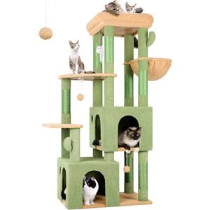 Globlazer Tiragraffi Verde per Gatti Grandi Maine Coon con 2 Extra-large Grotte 45*40*35, Piattaforma Imbottiti, Pali in Sisal, Stabile Cactus Albero Gatti 156 cm per Grandi Gatto Adulti (F61, Verde)