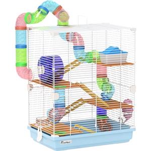 PawHut Gabbia per Criceti a 5 Livelli con Tubi, Ruota, Casetta, Scale e Bottiglia, Gabbietta per Roditori in Metallo e Plastica, 46x30x58 cm, Blu