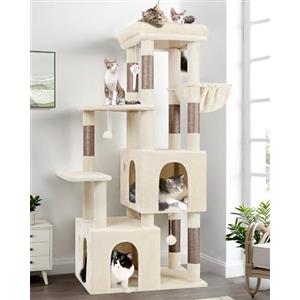 Globlazer Tiragraffi Beige per Gatti Grandi Maine Coon con 2 Extra-large Grotte 45 * 40 * 35, Piattaforma Imbottiti, Pali in Sisal, Stabile Albero Gatti 156 cm per Grandi Gatto Adulti (F61, Beige)