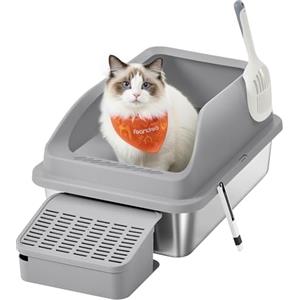 Feandrea Lettiera per Gatti in Acciaio Inox, Vassoio Alto con Apertura Superiore, Gradino, Paletta, Spazzola, per Gatti fino a 15 kg, Grigio Ardesia PPT008GN01