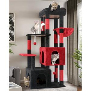 Globlazer Tiragraffi Nero Rosso per Gatti Grandi Maine Coon con 2 Extra-large Grotte 45 * 40 * 35, Piattaforma Imbottiti, Stabile Gotico Albero Gatti 156 cm per Grandi Gatto Adulti (F61, Nero Rosso)