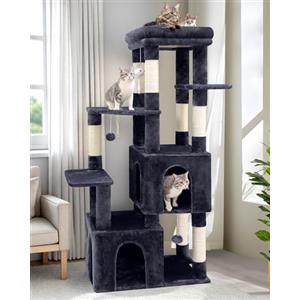 Globlazer Tiragraffi per Gatti Grandi Maine Coon con 2 Extra-large Grotte 45 * 40 * 35, Piattaforma Imbottiti, Pali in Sisal, Stabile Albero Gatti 156 cm per Grandi Gatto Adulti (F61, Grigio Scuro)