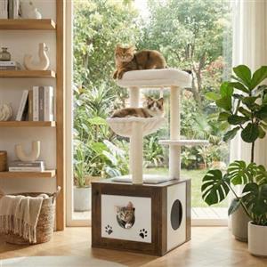 MAMIZO Tiragraffi con Mobile per Lettiera,Albero per gatti moderno2 in 1,alto 119 cm,cuscini in peluche lavabili,mobili per gatti,tiragraffi in legno,pali in sisal,amaca per gatti,legno di tigre