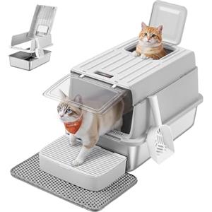 Feandrea Lettiera per Gatti in Acciaio Inox, Toilette per Gatti fino a 15 kg con Coperchio, con Paletta, Tappetino per Lettiera e 2 Ingressi, Grigio Chiaro PPT007GD01