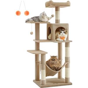 Feandrea Albero per Gatti Alto 143 cm, Tiragraffi per Gatti, con 4 Pali Graffiatoi, 2 Posatoi, 1 Grotta, 1 Amaca, 2 Pompon, in Peluche a Più Livelli, Marrone Cammello PCT161K01
