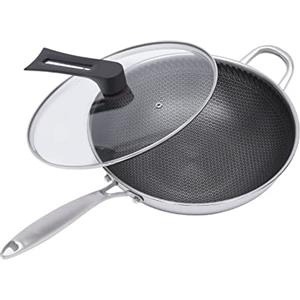 SABUIDDS Wok Premium in acciaio inox, diametro 30 cm, con coperchio in vetro, per induzione, ceramica, antiaderente elettrico e fornelli a gas, struttura a nido d'ape con rivestimento antiaderente,