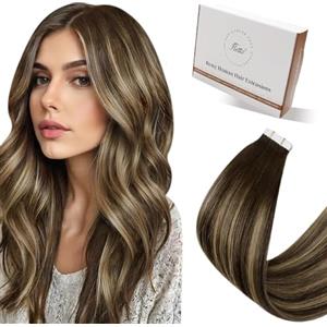Hetto Extension Capelli Veri Biadesivo Balayage Marrone medio & Biondo dorato - Remy Capelli Umani Tape Estensioni, Invisibile Adesive, Look Naturale per Uso Quotidiano 20pcs 30g 30cm