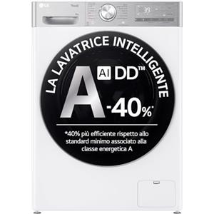 LG AI DD F4R9009TPWC Lavatrice 9kg Classe A -40%, Carica Frontale Serie R9, 1400 Giri, AI Wash, TurboWash 360, Lavaggio a Vapore con Antipiega, Wi-Fi, Libera Installazione, Bianca