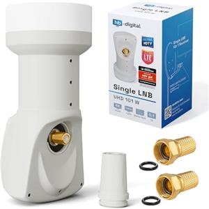 hb-digital Single LNB - Test MOLTO BUONO* - per 1 utente, filtro LTE, 1 uscita, Full HD 4K, 0,1 dB, con protezione dalle intemperie + 2 connettori F per TV, parabola satellitare - Bianco