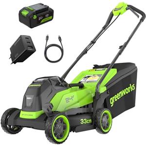 Greenworks 24V Tagliaerba a batteria,larghezza di taglio 33 cm fino a 280 m² e Tagliabordi senza fili con testa di alimentazione automatica, con 1 batteria 4Ah e caricabatteria - MTCK24B410-01