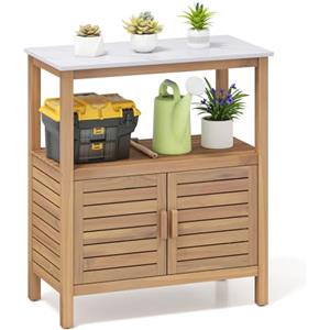 COSTWAY Armadio da Esterno Impermeabile in Legno di Acacia, Mobile Esterno Balcone con Piano di Lavoro in Resina, 2 Ante Persiana e Ripiano Aperto, per Piante e Attrezzi, Naturale, 80 x 40 x 90,5 cm