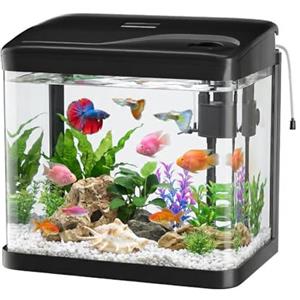 PUTINEI Acquario in Vetro 6 Litri,Acquario Completo Acquarios Per Pesci Rossi,con Illuminazione a LED e Sistema di Filtraggio,Nero,Set Per Principianti