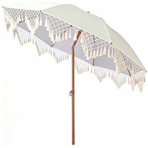 PHQCIV Ombrellone da Giardino Bianco 2M, Ombrellone da Spiaggia con Frange macramè Bohémien - Ombrellone da Terrazza Inclinabile E Regolabile in Altezza, per Piscina, Balcone, Spiaggia E Esterna