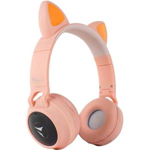 TECHMADE - Cuffie Bluetooth con Orecchie di Gatto | LED Luminosi | Microfono Integrato per IOS/Android/PC | Modalità Radio FM | Compatibili con SD Card e Cavo Jack | Colore Rosa