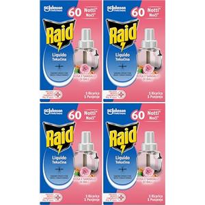 Raid Liquido Elettrico Antizanzare Comuni e Tigre, Ricarica, Fragranza alla Rosa e al Sandalo di Bali, Confezione da 4 Ricarica da 36ml, 60 Notti
