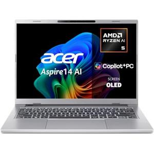 Acer Aspire 14 AI Copilot+ PC A14-61M, Computer portatile 14 WUXGA OLED (AMD Ryzen AI 5 330, 16 GB RAM, 512 GB SSD, AMD Radeon Graphics, Windows 11 Home), Colore Argento, Tastiera QWERTY spagnola
