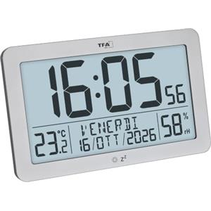 TFA Dostmann Orologio da parete moderno, radiocontrollato digitale, clima ambiente, 60.2568.54, grande, indicazione del giorno, della settimana, della data, funzione sveglia, à batteria, argento