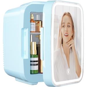YASHE Mini Frigorifero per la Camera, Frigorifero Skincare con Specchio a LED, Piccolo Frigorifero da 4L Portatile, Riscaldatore & Raffreddatore Termoelettrico 220V AC / 12V DC per Auto, Ufficio(Blu)