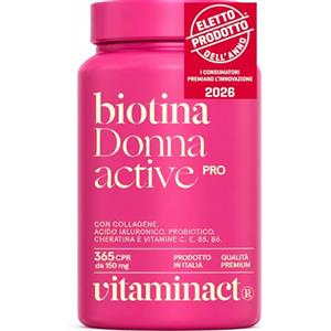 Vitaminact Biotina Capelli Donna - Eletto Prodotto dell'anno 2026 - L'unico con Collagene, Acido Ialuronico, Probiotico e Cheratina - 365 Microcompresse - Dura 1 Anno - Con Vitamine C, E, B5, B6 - Vitaminact.