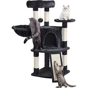 Yaheetech Albero Tiragraffi per Gatti con Ampio Trespolo Grande Cesto e Grotta, Rampetta Graffiatoio e Pali in Sisal, 43,5 x 43,5 x 106 cm, Nero