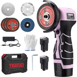 TEENO Mini Smerigliatrice Angolare Rosa 76mm, Smerigliatrice Senza Filo Compatta e Leggera 19.500 RPM con 2 Batterie 2000mAh e 6 Dischi, per Fai da Te, Casa, Hobby, Taglio e Levigatura