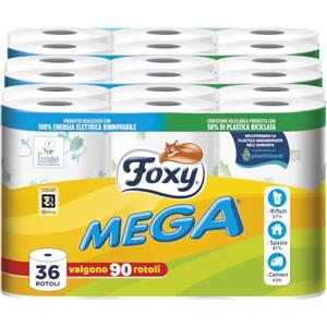 Foxy Mega | Carta igienica 36 rotoli| 480 strappi| Decorata |100% Energia elettrica rinnovabile| Confezione prodotta con plastica riciclata