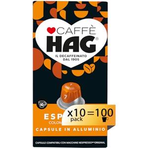 cafe HAG Hag - Capsule Caffè Decaffeinato Espresso Colombia - 100 capsule in alluminio - 10 pacchetti da 10 - Intensità 7 - Compatibili con Macchine Nespresso®* original
