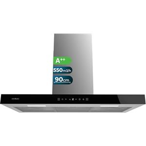 Cecotec Cappa Aspirante 90 cm Flux TT 905500 Glass Black A++. 70W, Finitura Frontale In Vetro Nero, Basso Consumo Energetico, Aspirazione 550M3/H, Touch Control, 3 Livelli, Luce Led, Filtro Carbone