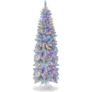 COSTWAY Albero di Natale Slim 150/180 cm, Albero con 190/250 Luci LED Colorate, Base in Metallo Pieghevole, Per Casa e Ufficio (180 cm)