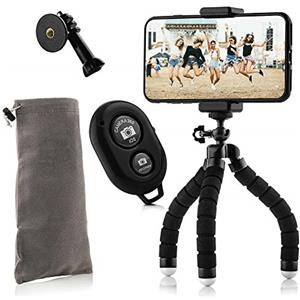 MOJOGEAR KIT mini treppiede flessibile: con supporto per telefono, telecomando Bluetooth, adattatore per action cam e custodia - fino a 18 cm di altezza - Nero