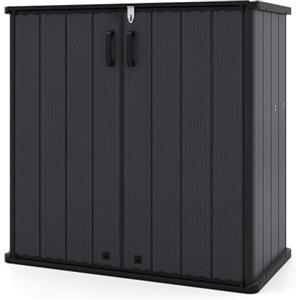 RELAX4LIFE Armadio da Esterno Basso 0,78㎡, 665 L Casetta in Plastica Porta Attrezzi, Capanno Impermeabile con Tetto Drenante, 2 Ante Bloccabili, per Giardino e Balcone, 120 x 65 x 117 cm (Nero)