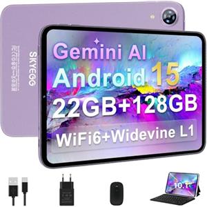 SKYEGG Tablet 10 Pollici Android 15 con Gemini AI, 22GB RAM+ 128GB ROM+2TB Esp., Widevine L1, Octa-Core, WiFi 6, BT 5.0, 6000mAh, Fotocamera 8/5 MP, con Tastiera, Mouse e Custodia, Corpo in Metallo, Viola